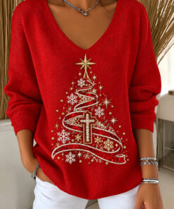Elegant Christmas Tree V-Neck Long Sleeve Shirt Xmas Clothing Sister Gifts