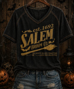 Est 1692 Salem Broom Co V-neck T-Shirt Witchcraft Halloween Womens Apparel Gifts For Sister