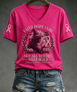 Faith Hope Cure Breast Cancer V-Neck T-Shirt Cancer Awareness Support Merch Halloween Gifts