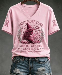 Faith Hope Cure Not All Witches Wear Black V-Neck Shirt Breast Cancer Awareness Shirt Gift