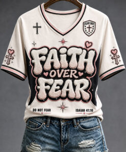 Faith Over Fear V-Neck T-Shirt Inspirational Christian Womens Clothes Faith Gifts