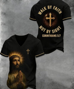 Faith Over Fear V-Neck T-Shirt Walk By Faith Not By Sight Shirt Gift For Christians - Homegiftaura
