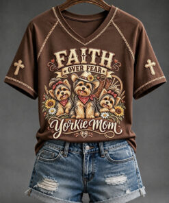 Faith Over Fear Yorkie Mom V-Neck T-Shirt Cute Christian Merch Religious Pet Lover