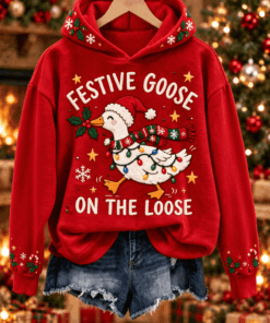 Festive Goose On The Loose Hoodie Funny Duck Christmas Clothing Sister Gifts