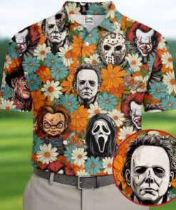 Floral Horror Character Golf Shirt Halloween Sunflower Apparel Michael Myers Ghostface Gifts