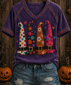 Floral Witch Hat V-Neck T-Shirt Boho Halloween Clothing Good Gifts For Girlfriend