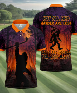 Funny Bigfoot Halloween Polo Shirt Not All Who Wander Are Lost Merch Gift For Golfers