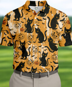 Funny Black Cat Golf Polo Shirt Halloween Season Apparel Presents For Brother