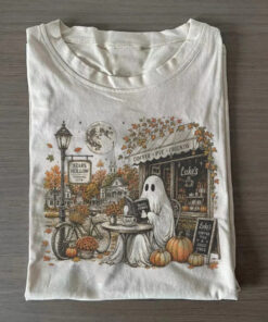 Ghost Drinking Coffee T-Shirt Cute Halloween Ghost Cafe Merch Spooky Presents For Wife
