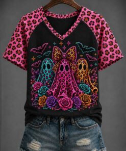 Ghost Leopard V-Neck T-Shirt Pink Halloween Womens Apparel Gift Ideas For Mom