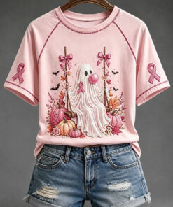 Ghost On Swing Pink Ribbons And Pumpkins T-Shirt Breast Cancer Awareness Clothing