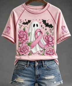 Ghost With Pink Ribbon T-Shirt Breast Cancer Awareness Clothing Presents For Women