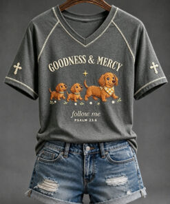 Goodness And Mercy V-Neck T-Shirt Dachshund Dog Christian Mens Apparel Religious Gifts