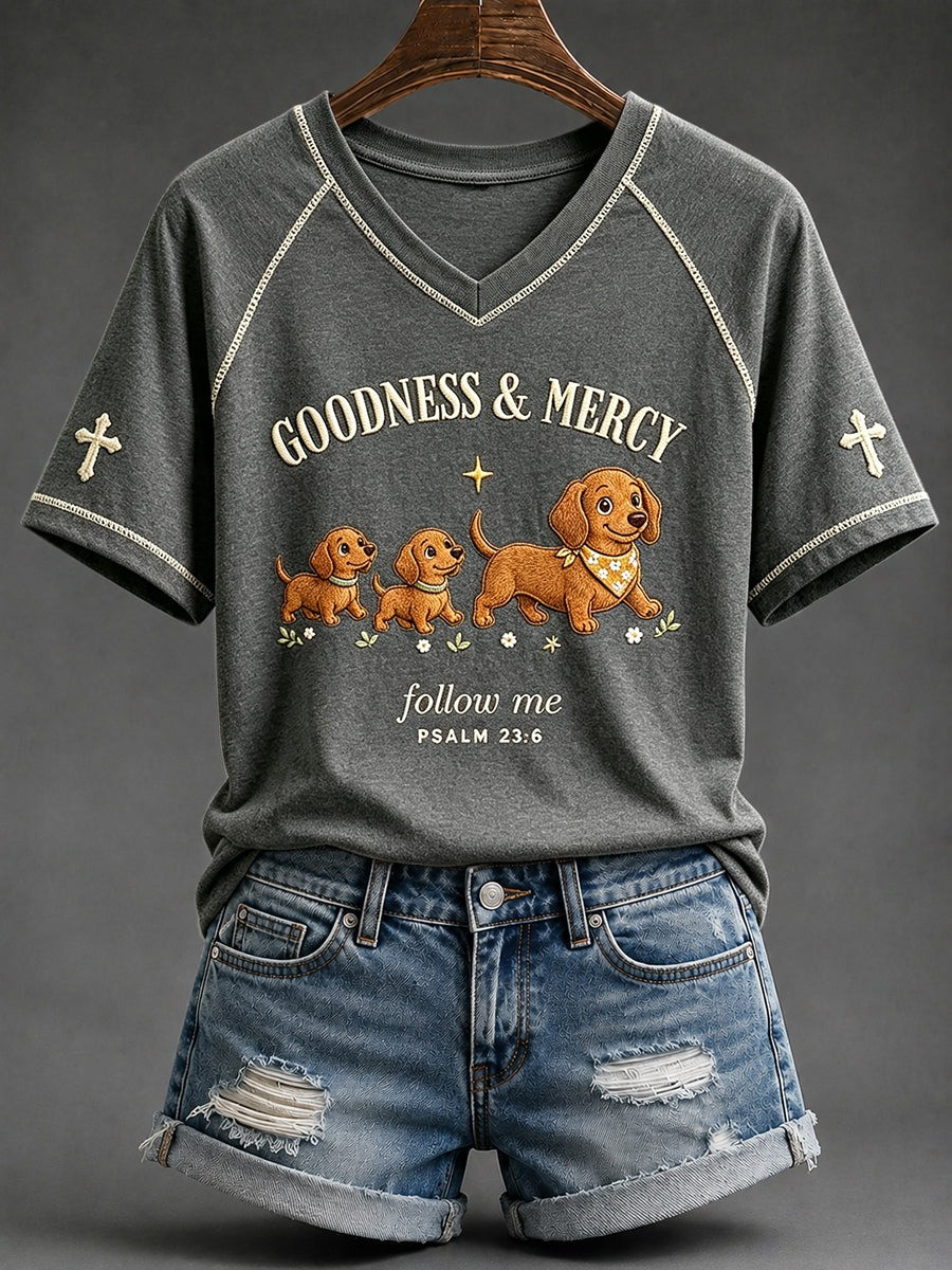 Goodness And Mercy V-Neck T-Shirt Dachshund Dog Christian Mens Apparel Religious Gifts