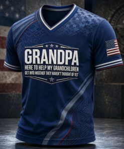 Grandpa Here To Help V-Neck T-Shirt US Flag Patriotic Merch National Grandparents Day Gift