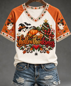 HalloThanksMas V-Neck T-Shirt Fall Autumn Winter Holiday Merch Christmas Gifts For Her