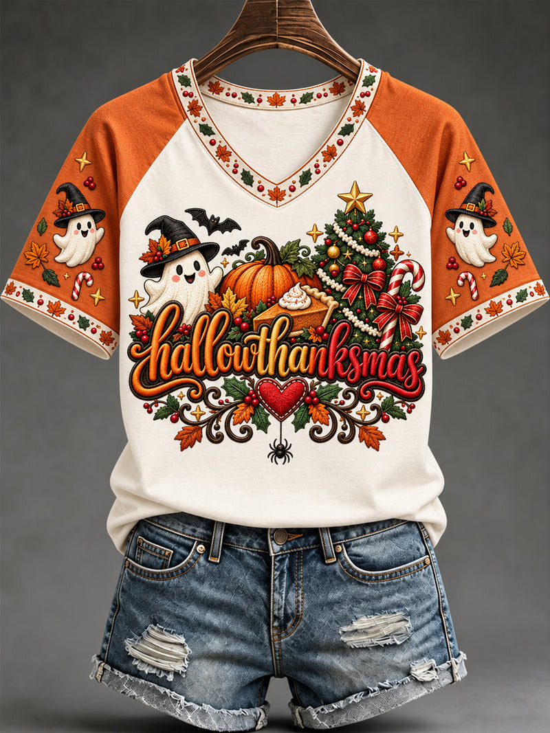 HalloThanksMas V-Neck T-Shirt Fall Autumn Winter Holiday Merch Christmas Gifts For Her