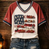 Halloween American Flag V-Neck T-Shirt Pumpkin Cat Ghost Apparel Patriotic Gifts