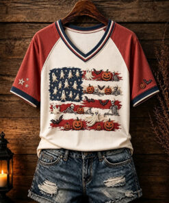 Halloween American Flag V-Neck T-Shirt Pumpkin Cat Ghost Apparel Patriotic Gifts