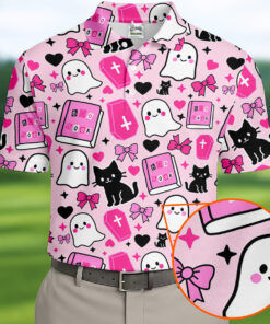 Halloween Boo And Cat Coquette Pink Golf Shirt Halloween Merch Gift Ideas For Men