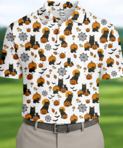 Halloween Cat Pumpkin Men Polo Shirt Spooky Season Mens Clothes Golf Gift