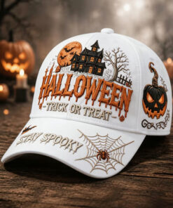 Halloween Trick Or Treat Baseball Hat Haunted House White Mens Cap Spooky Pumpkin Gifts For Him