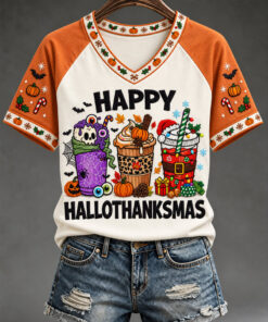 Happy HalloThanksMas Drinks V-Neck T-Shirt Halloween Thanksgiving Clothing Xmas Gifts