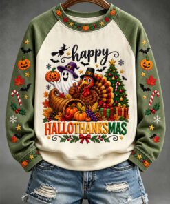Happy HalloThanksMas Turkey Sweatshirt Funny Hybrid Holiday Womens Apparel Christmas Gifts