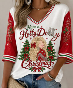 Have A Holly Dolly Christmas V-Neck Raglan Shirt Dolly Parton Fan Clothing Country Music Gifts