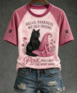 Hello Darkness My Old Friend Pink Will Light The Night Again T-Shirt Cat Halloween Tee