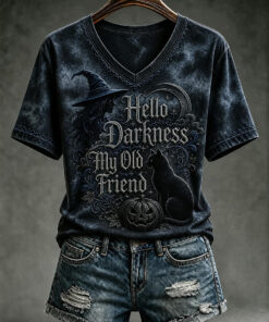 Hello Darkness My Old Friend V-Neck T-Shirt Witch Halloween Womens Clothing Gifts For Her