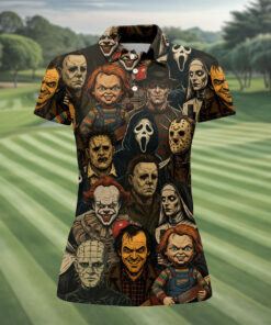 Horror Character Collage Polo Shirt Spooky Slasher Villain Womens Merch Halloween Movie Gifts