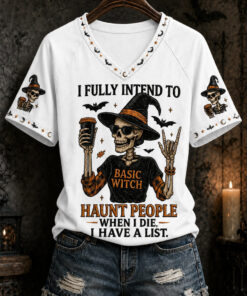I Fully Intend To Basic Witch V-Neck T-Shirt Halloween Apparel Skeleton Witch Gifts For Her