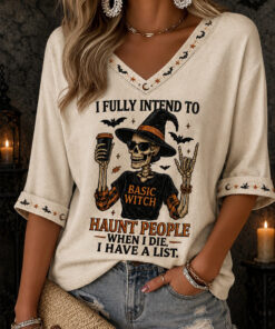 I Fully Intend To Haunt People V-Neck Raglan Shirt Skeleton Witch Halloween Merch Gifts For Her