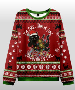 I'm Fine Everything Is Fine Ugly Sweater Funny Black Cat Christmas Lights Merch Outfit Gifts_