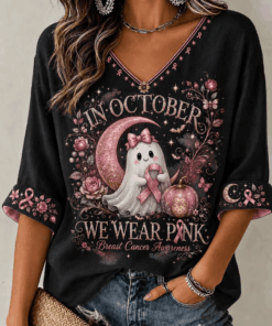 In October We Wear Pink Breast Cancer Awareness Cropped Sleeve V-Neck Shirt Ghost Lover Gift