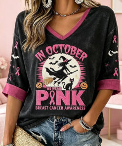 In October We Wear Pink Breast Cancer Awareness Cropped Sleeve V-Neck Shirt Ghost Witch Ideas