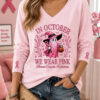 In October We Wear Pink Breast Cancer Awareness Ghost Witch V-Neck Long Sleeve Shirt Fan Gift