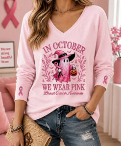 In October We Wear Pink Breast Cancer Awareness Ghost Witch V-Neck Long Sleeve Shirt Fan Gift