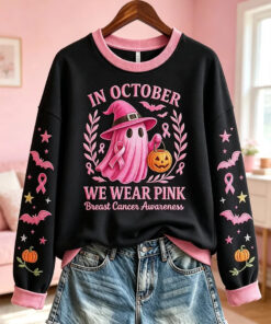 In October We Wear Pink Breast Cancer Awareness Sweatshirt Halloween Breast Cancer Merch