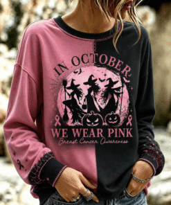 In October We Wear Pink Breast Cancer Awareness Sweatshirt Halloween Pink Clothing Gift