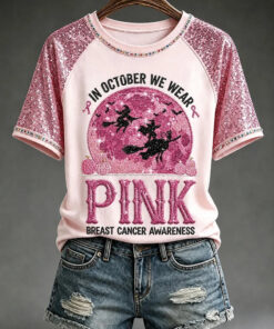 In October We Wear Pink Breast Cancer Awareness T-Shirt Breast Cancer Halloween Merch