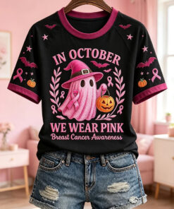 In October We Wear Pink Breast Cancer Awareness T-Shirt Breast Cancer Halloween Tee Gift