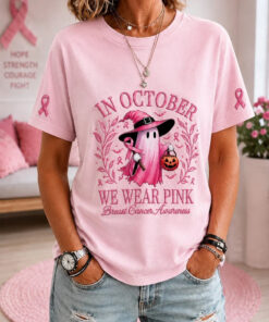 In October We Wear Pink Breast Cancer Awareness T-Shirt Breast Cancer Halloween Tee Spooky Gift