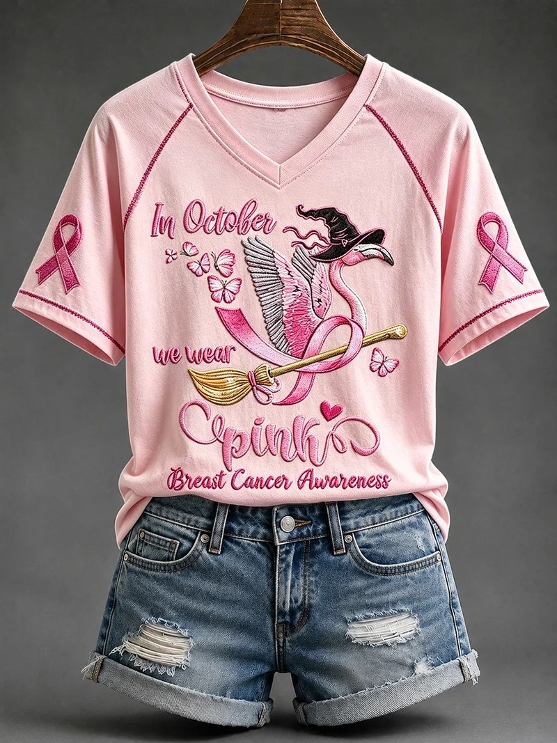 In October We Wear Pink Breast Cancer Awareness V-Neck Shirt Breast Cancer Awareness Clothes