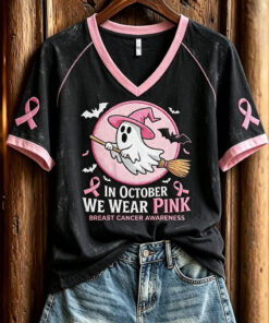 In October We Wear Pink Breast Cancer Awareness V-Neck Shirt Breast Cancer Awareness Merch