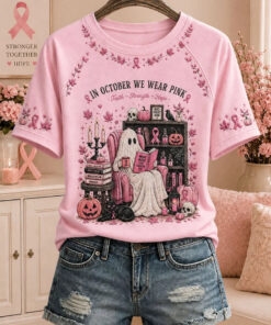 In October We Wear Pink Faith Strength Hope T-Shirt Breast Cancer Halloween Clothing Ideas Gift