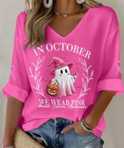 In October We Wear Pink Ghost Cropped V-Neck Sleeve Shirt Breast Cancer Awareness Merch Gifts