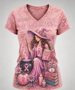 In October We Wear Pink Merch Faith Strength Hop V-Neck T-Shirt Gifts For Sister