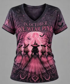 In October We Wear Pink Merch Faith Strength Hope Halloween V-Neck T-Shirt Ideas For Her